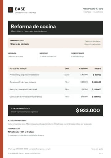 Ejemplo de diseño para Albañilería, con datos e importes ilustrativos